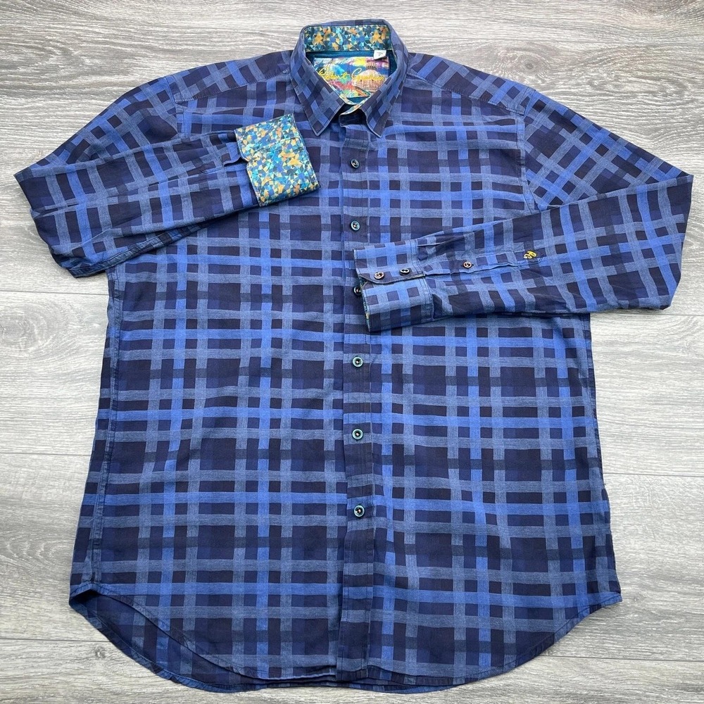 Robert Graham Dress Shirt Mens Large Blue Plaid Geometric Basketweave Flip Cuff